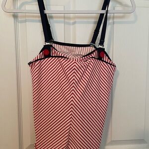 New Panache Tankini bathing suit top, 34F,Lucille, Red, White w Blue buttons